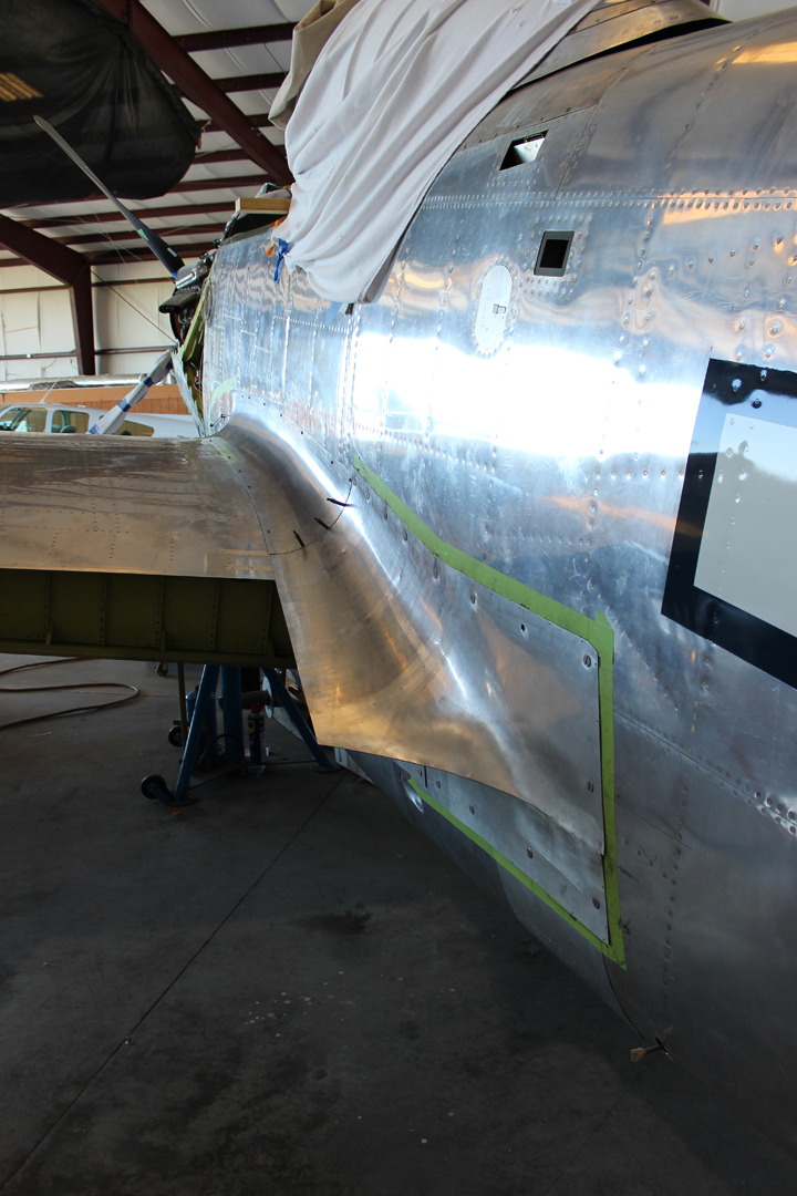 XP-82 Twin Mustang - May, 2017 - Restoration Update 15 The lefthand outboard fuselage-to-center section fairing in place during trial fitting. (photo via Tom Reilly)