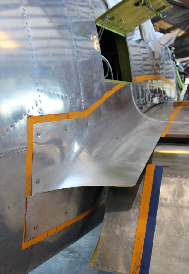 XP-82 Twin Mustang - May, 2017 - Restoration Update 13 The lefthand inboard fuselage-to-center section fairing in place during trial fitting. (photo via Tom Reilly)