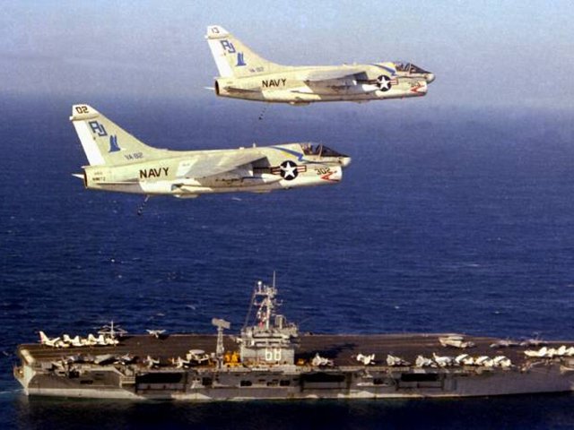 Edwardsville Township Approves Contract for A-7 Restoration 11 Two A7 Corsairs soar above the USS Nimitz in 1979. The top aircraft, plane 303, is on display at Edwardsville Township Community Park and will be restored with the help of the Flight Deck Veterans Group ( US NAVY Archives/A-7 Assn)