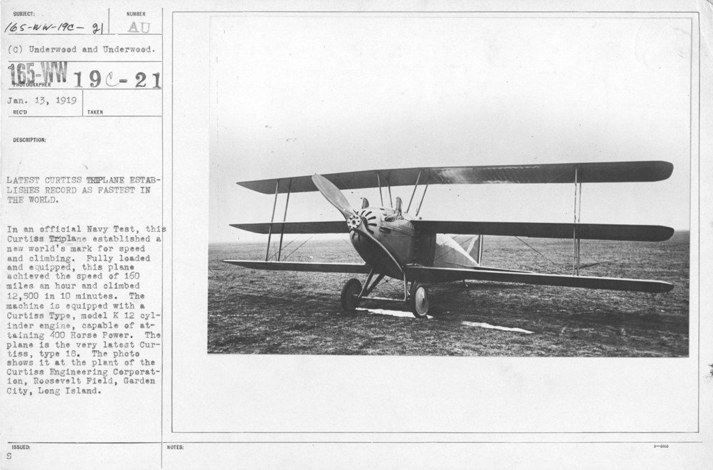 Today in Aviation History: Curtiss 18T-1 Establishes New World Speed Record 13 Latest Curtiss triplane establishes record as fastest in the world. In an official Navy Test this Curtiss Triplane established a new worlds mark for speed and climbin