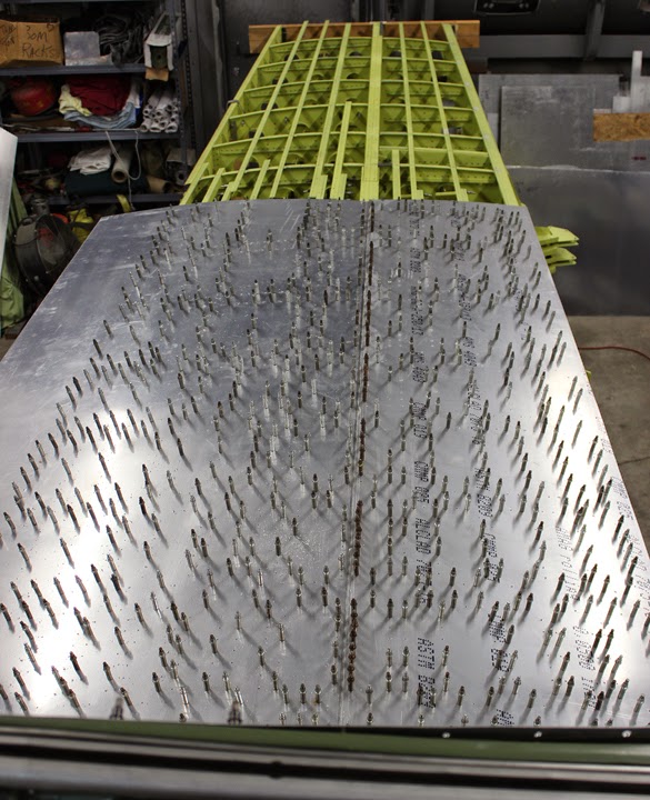 XP-82 Twin Mustang Restoration - March 2014 Update 15 Left-hand wing skins during pre-drilling and dimpling phase. (photo via Tom Reilly)