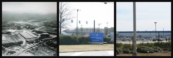 WWII Manufacturing Sites Today 12 A photo from WWII when Bell ran the plant. If my orientation is correct the photo is looking east. Cobb Road is on the left and US 41 is at the top of the photo as it runs back to Atlanta. The runways in the background are what during WWII was Rickenbacker Field and in 1950 was renamed Dobbins AFB. The plant and airfield in 1942 where built in the middle of nowhere. Today it is completely built up around both.