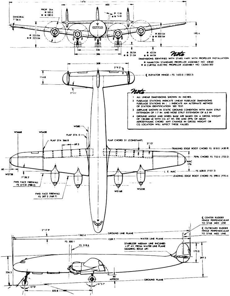 Today in Aviation History: First Flight of the Lockheed L-1049 Super Constellation 12 Lockheed L 1049 Super Constellation three view illustration with dimensions. Lockheed Aircraft Corporation