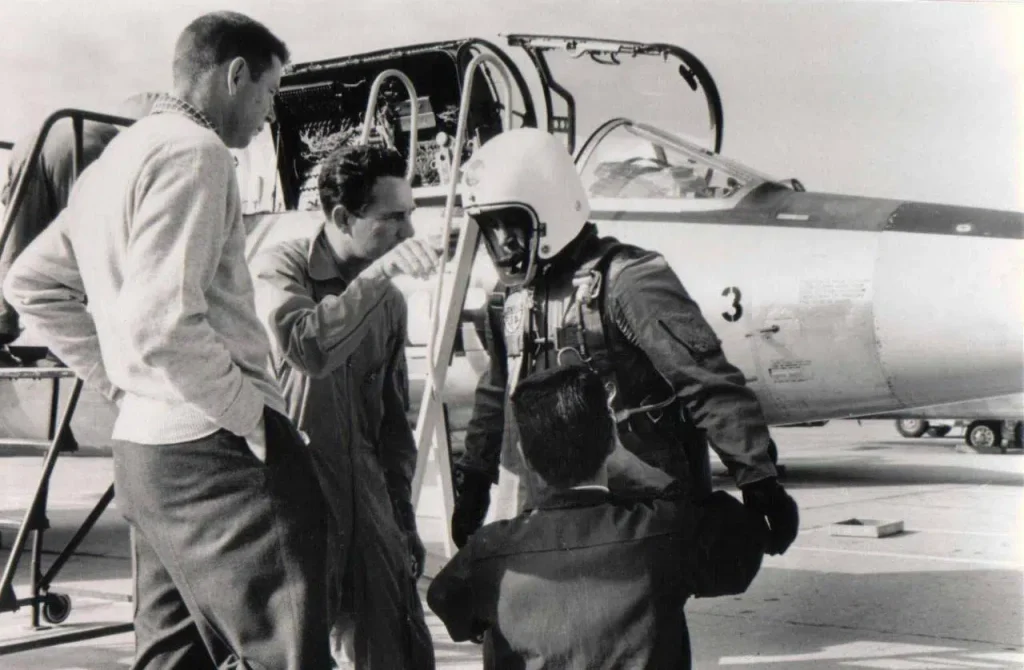 Today in Aviation History: Howard "Scrappy" Johnson Breaks World Altitude Record 11 Lockheed YF 104A 55 2957 altitude record holder with Major Howard C. Johnson USAF William M. Park and Jack Holliman Edwards AFB 19581.jpg