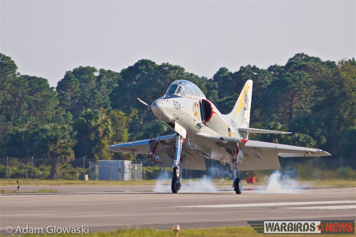 Classic Fighters of America's TA-4J Skyhawk Airborne! 17 The TA-4J touches down after a successful first flight. (Photo by Adam Glowaski - Box 5 Media)