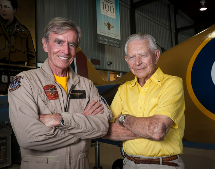 Vintage Wings of Canada’s “Victory Flight” to Soar at EAA AirVenture Oshkosh 2024 13 Mike Potter left with Second World War fighter pilot legend Wing Commander James “Stocky” Edwards at the Vintage Wings hangar in Gatineau