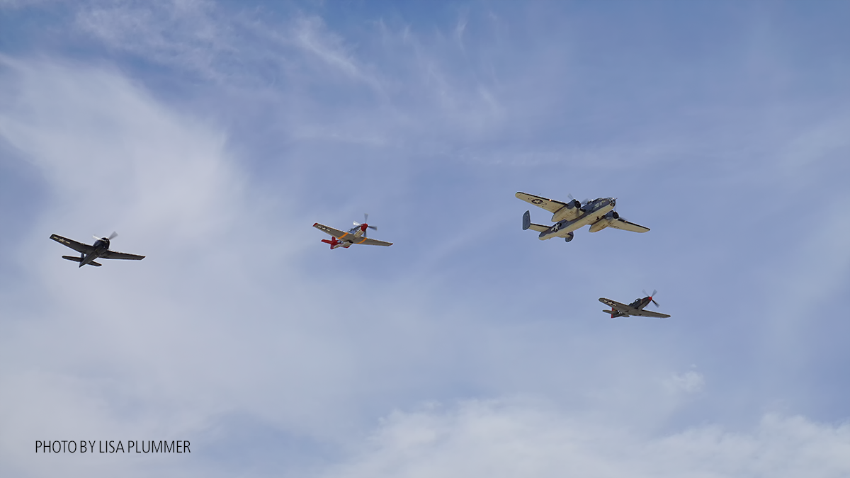 Palm Springs Air Museum Flying High in 2017 14 Missing Man formation CAF PBJ in the lead, PSAM P-51right wing, PSAM P63 KingCobra left wing and the CAF F6F Hellcat outer right wing. ( Photo by Lisa Plummer)