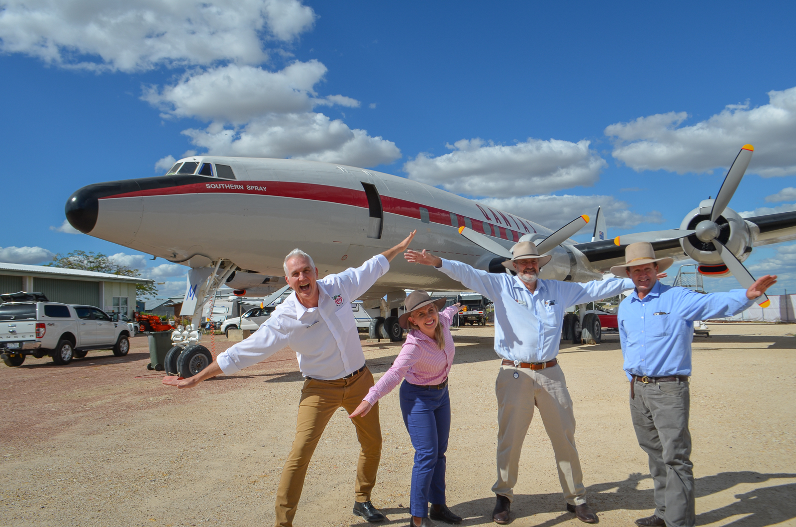 Qantas Founders Museum’s Super Constellation Unveiled 34 Museum CEO Tony Martin Minister Kate Jones LRE Mayor Ed Warren and QFM Diretcor David Fysh May 2019