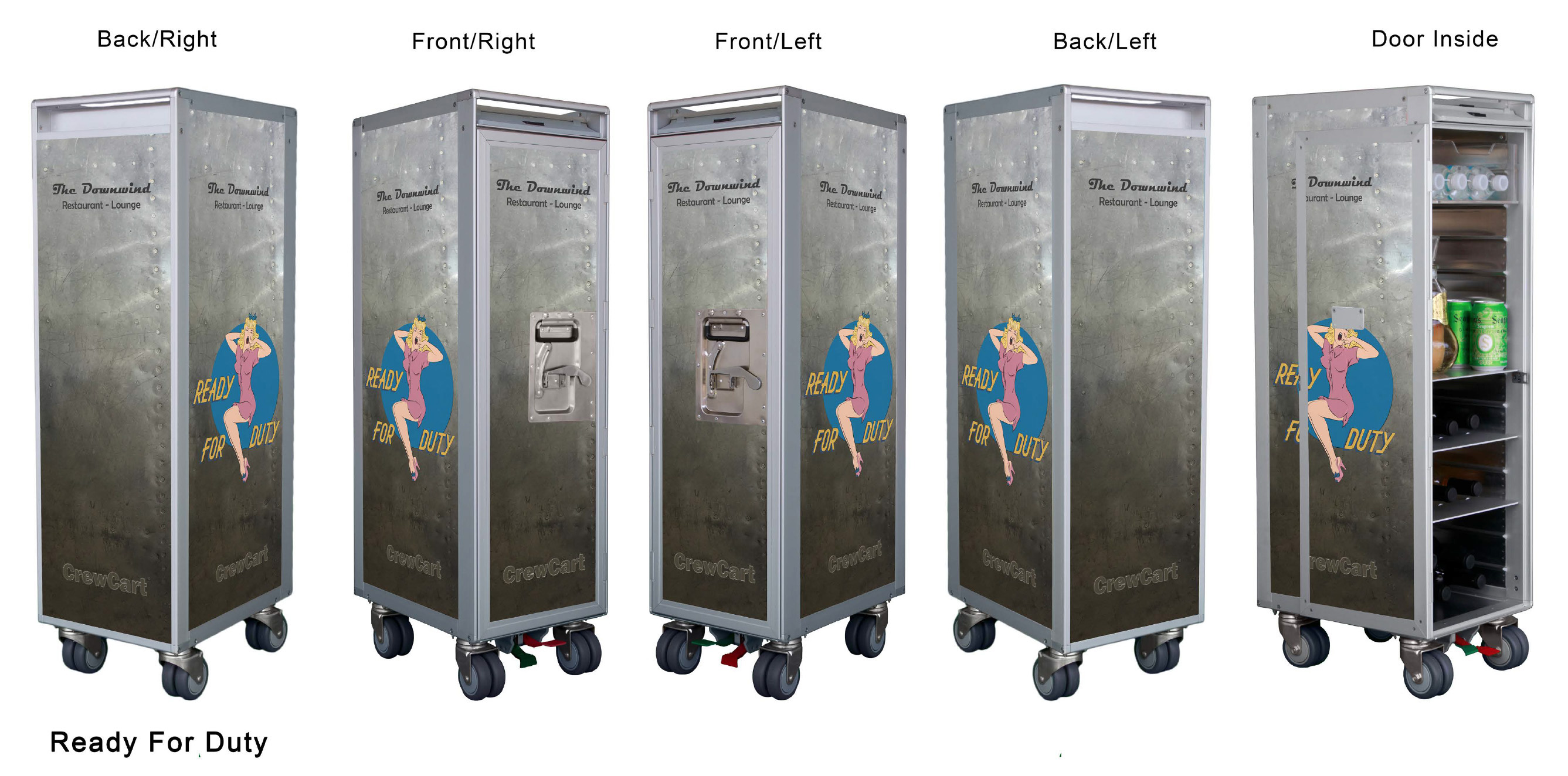 MySky SkyCart to Showcase the Unparalleled
Style of WWII Nose Art 11 The various views of MySkyCart airliner galley cart marked with WWII-style pinup art for an aviation themed restaurant ,"The Downwind", at Spruce Creek Airport, near Daytona, Florida. The stylish and eminently useful cart is at home both on the ground and in the air. Note that the background has an authentic appearance of vintage aluminum aircraft skin....