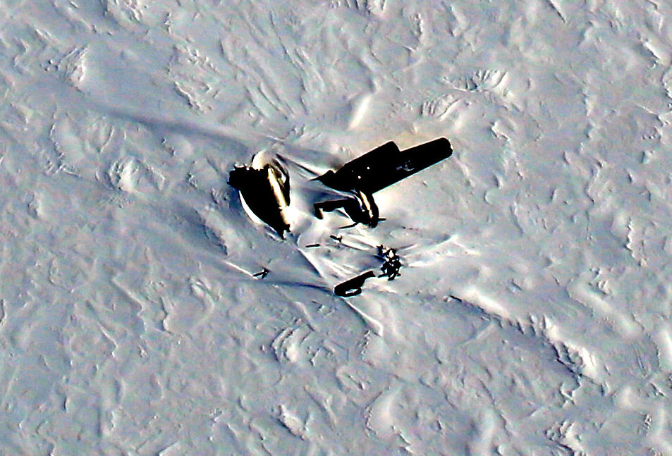 Frozen in Time: The tragic end of the B-29 Superfortress 'Kee Bird' 15 NASA photo of the Kee Bird showing the remains crumpled on an ice shelf 1 May 2014 NASA