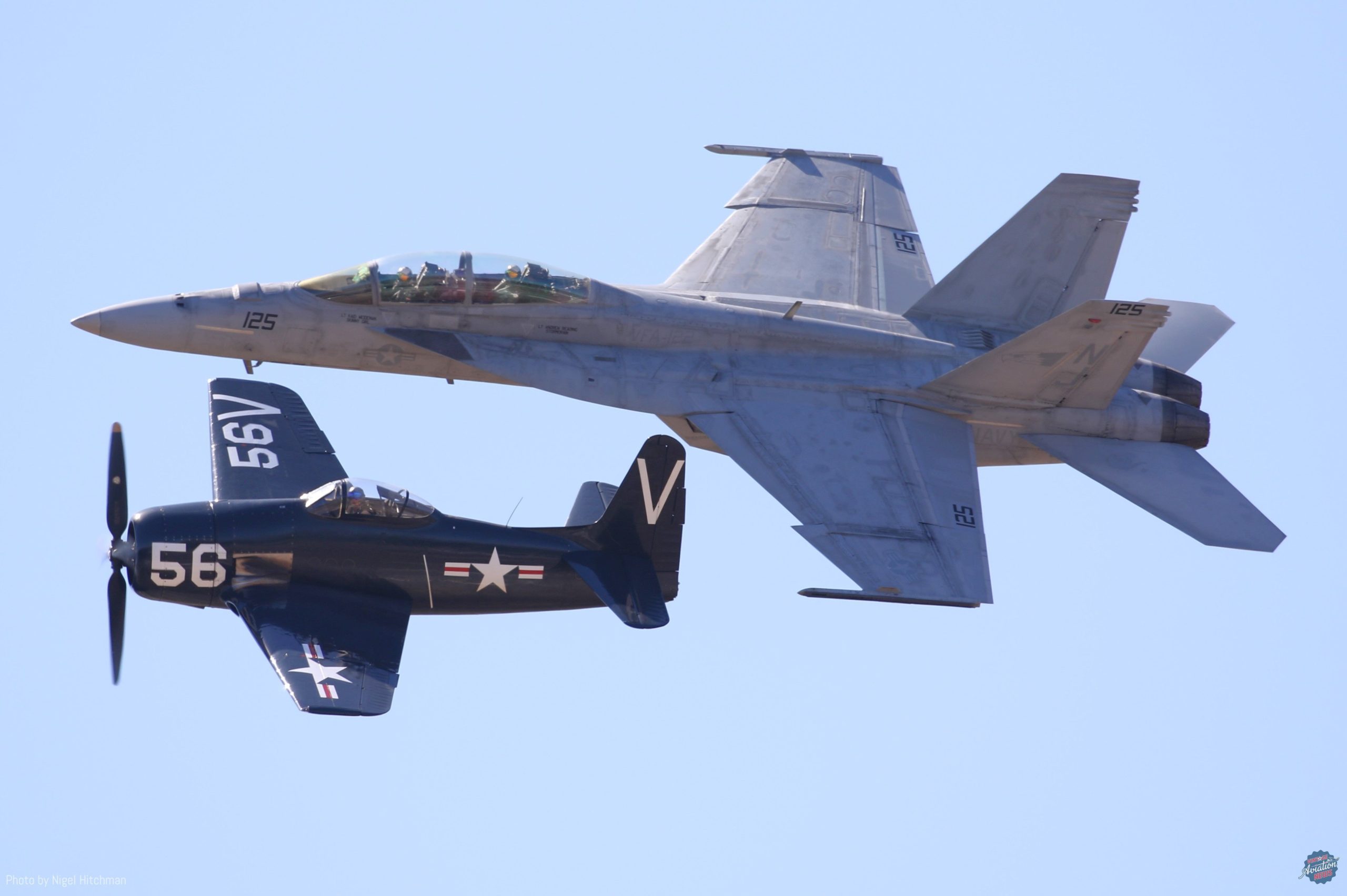 2024 Central Coast AirFest Review 36 Navy Legacy Flight formation between the Planes of Fame s F8F Bearcat and an F A 18E Super Hornet of Strike Fighter Squadron 122 VFA 122 scaled