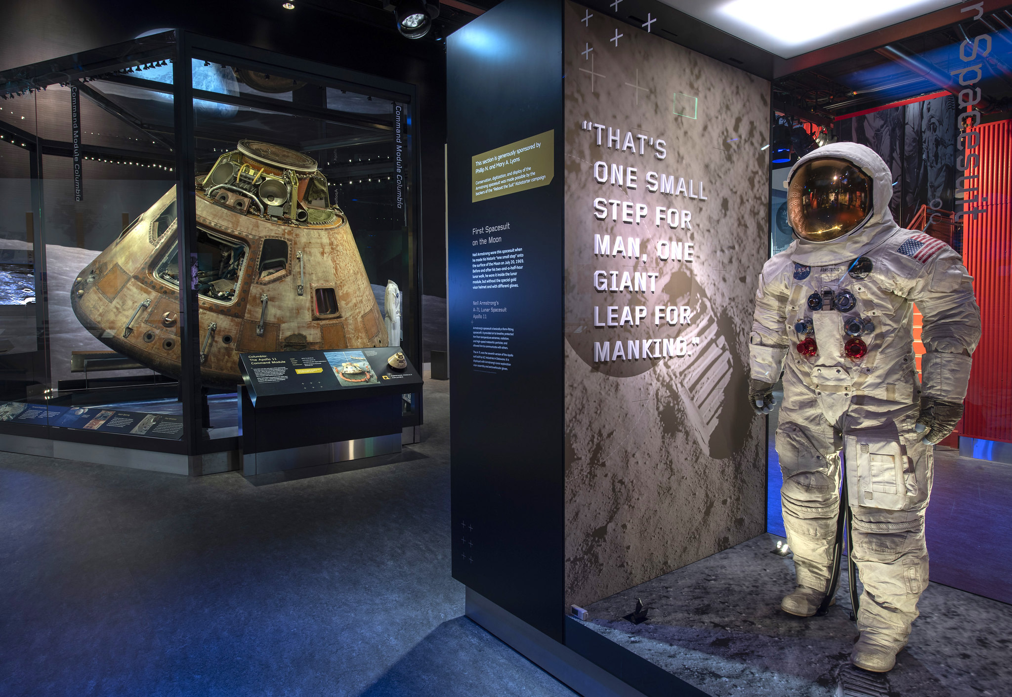 National Air and Space Museum Reopens With Eight New Galleries 11 Neil Armstrongs Apollo 11 spacesuit on display near the Apollo 11 command module Columbia
