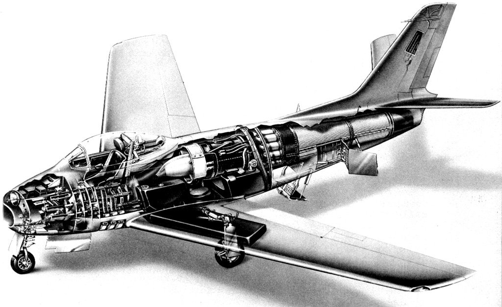 Today in Aviation History: First Flight of The North American Aviation XP-86 12 North American Aviation Inc. F 86A Sabre cutaway illustration. NAA