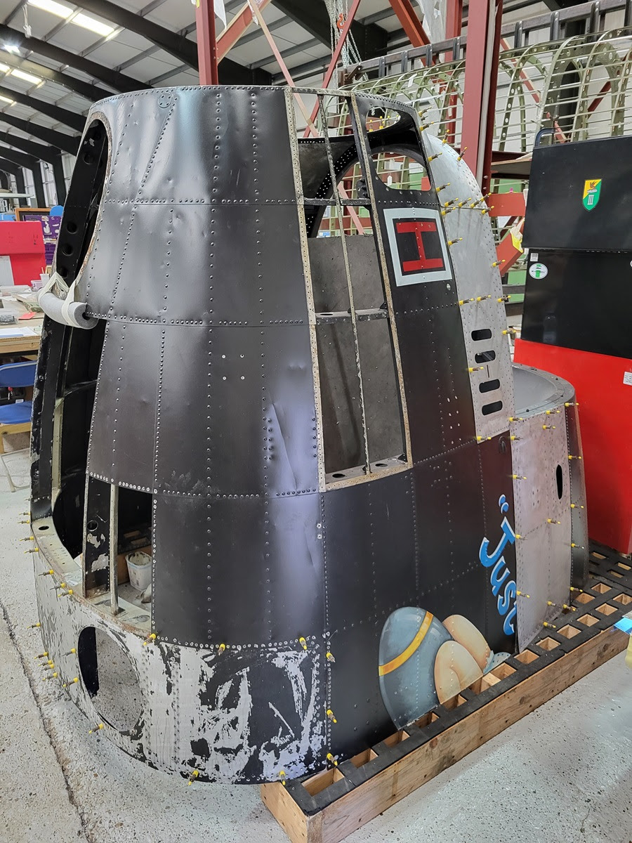 Lancaster NX611 ‘Just Jane’ – Restoration Update 225 10 Nose of NX611 having more skins removed for paint strip and assessment.