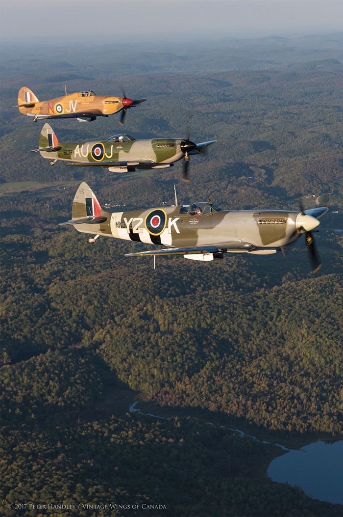 A sunset Mission to Honor the Canadians in The Battle of Britain 16 Now heading southeast, the formation flies over classic cottage country north of the Vintage Wings hangar. Photo: Peter Handley, Vintage Wings of Canada