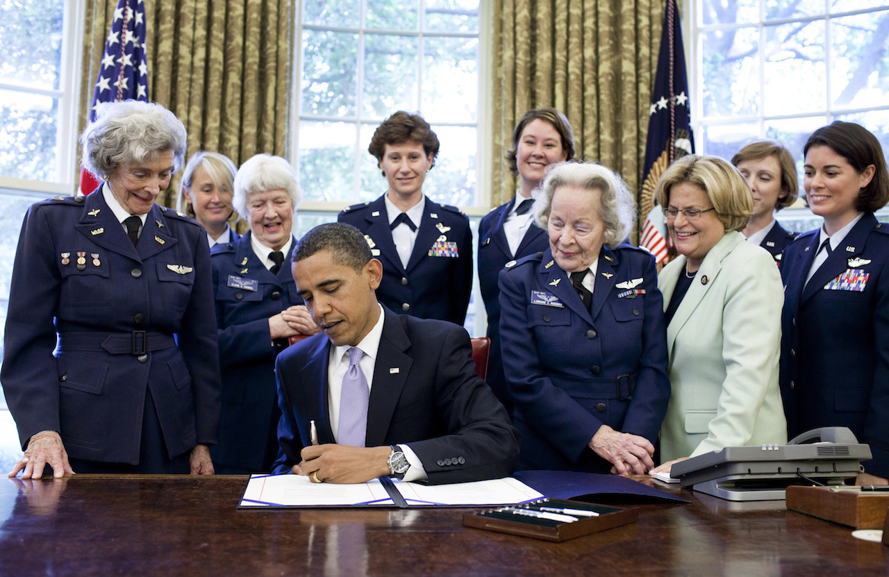 WWII Heritage Days - Honoring the Women of the Greatest Generation 12 President Barack Obama signs S.614 in the Oval Office July 1 at the White House. The bill awards a Congressional Gold Medal to Women Airforce Service Pilots. The WASP program was established during World War II, and from 1942 to 1943, more than 1,000 women joined, flying 60 million miles of noncombat military missions. Of the women who received their wings as Women Airforce Service Pilots, approximately 300 are living today. (Official White House photo/Pete Souza)