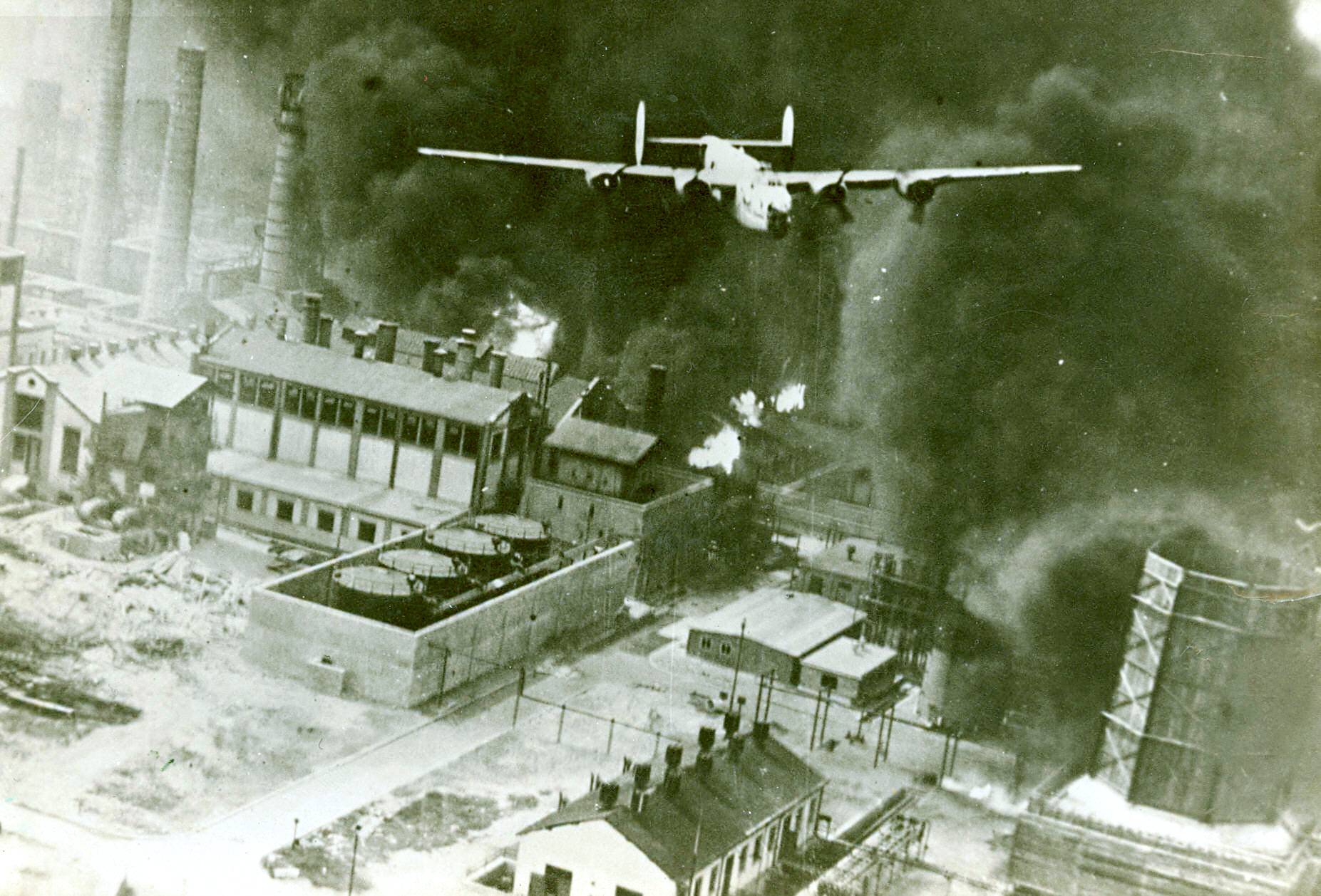 Two Tidal Waves: One targets Islamic State oil, the other bombed Hitler's supply in 1943 13 A B-24 Liberator called "Sandman" during a bomb run over the Ploiești Astra Romana refinery during Operation Tidal Wave. (Image via Wikipedia)