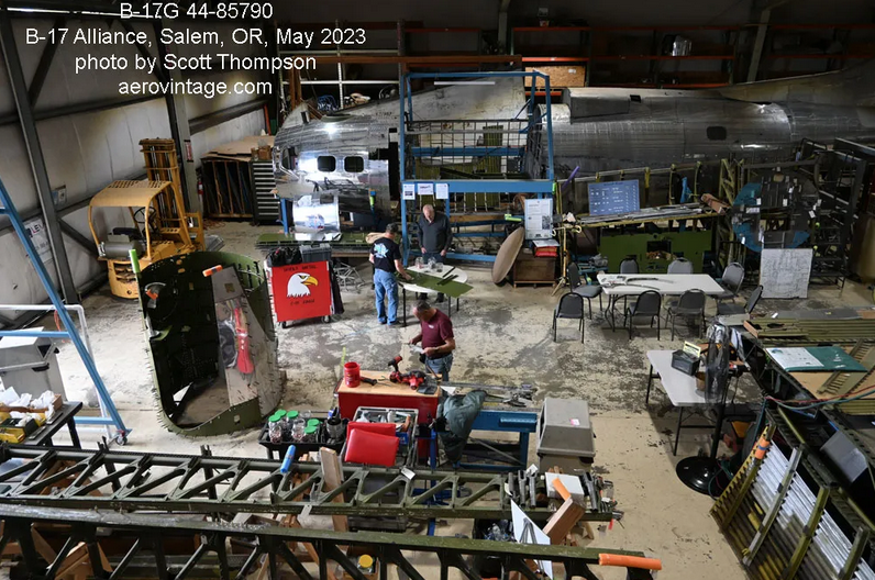 B-17G "Lacey Lady" - May, 2023 Restoration Update 14 Overhead view of B 17G 44 85790 undergoing restoration at the Salem Oregon airport.