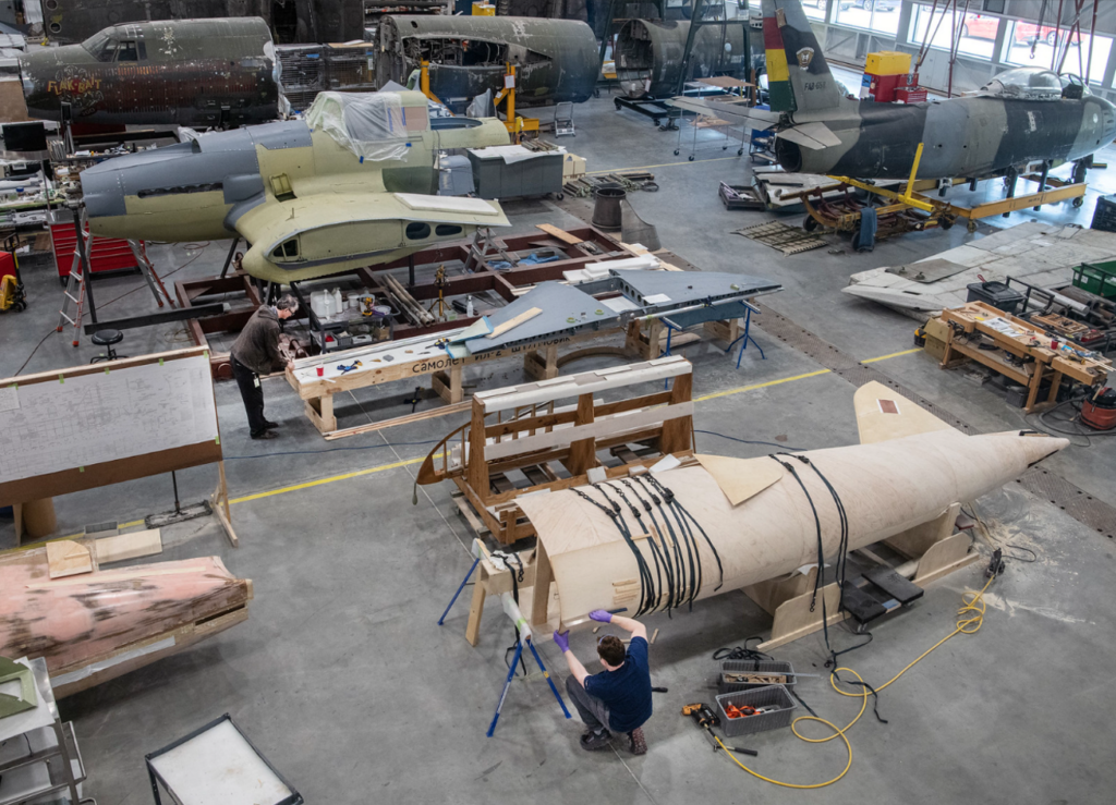 Restoration of the Smithsonian’s Ilyushin Il-2 Shturmovik 13 Overhead view of Museum Specialist Jay Flanagan working on the new tail section of the fuselage he is building for the Ilyushin IL 2 Shturmovik