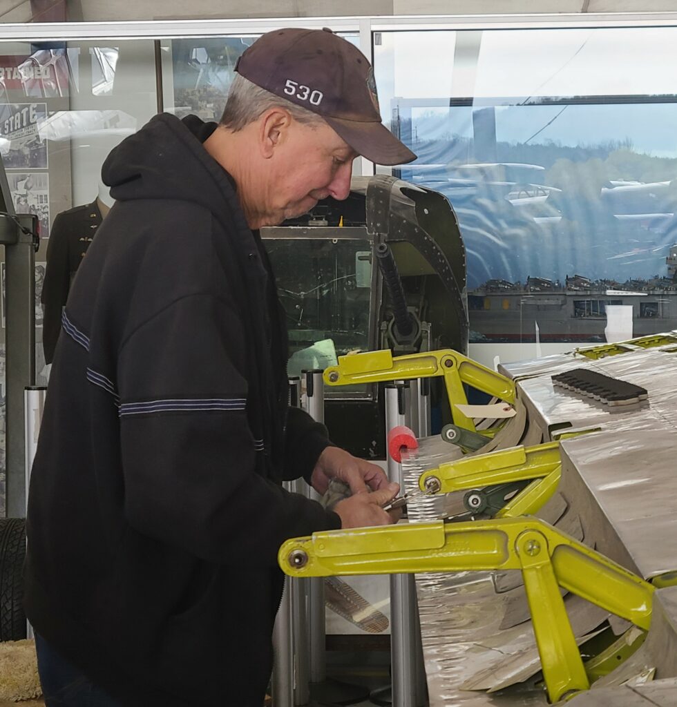 CAF Airbase Georgia Fundraising Campaign Exceeds Goals 11 Progress continues on a rare WWII P-47 Thunderbolt being restored at Commemorative Air Force Airbase Georgia in Peachtree City, Ga. Airbase Maintenance Officer Randy Hawkins works on one of the aileron sections to help complete a wing. The CAF 12 Planes of Christmas annual fundraising campaign brought in $109,127 for much-needed parts and equipment. (Photo by Angela Decker)