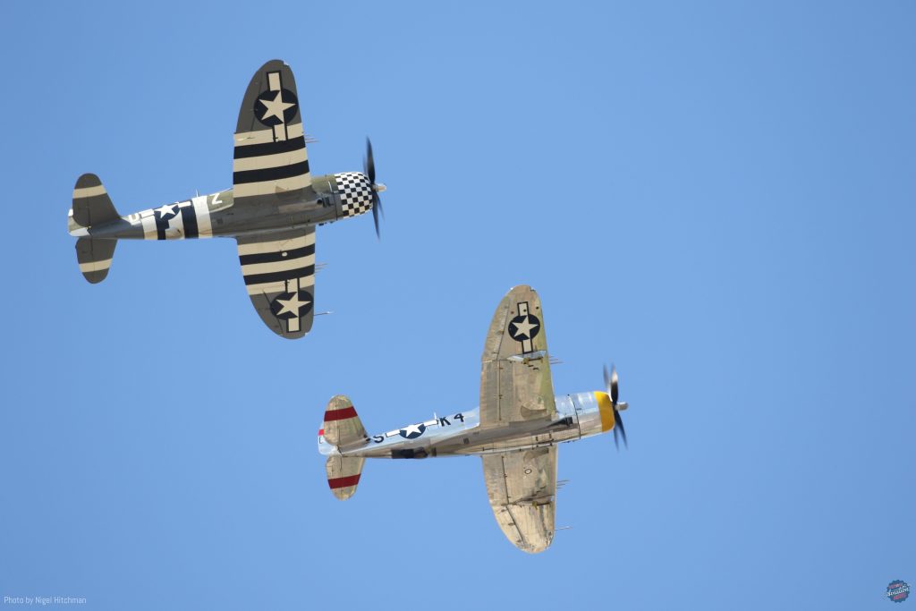 Today in Aviation History: First Flight of the Republic P-47 Thunderbolt 14 P 47G Snafu and P 47D Dottie Mae flying together for the crowds