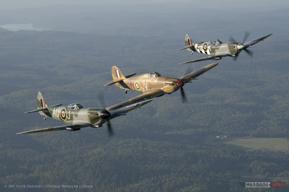 A sunset Mission to Honor the Canadians in The Battle of Britain 10 n echelon left formation, Aitken leads the group in a southerly turn over the green forested hills of the Ottawa Valley. Photo: Peter Handley, Vintage Wings of Canada