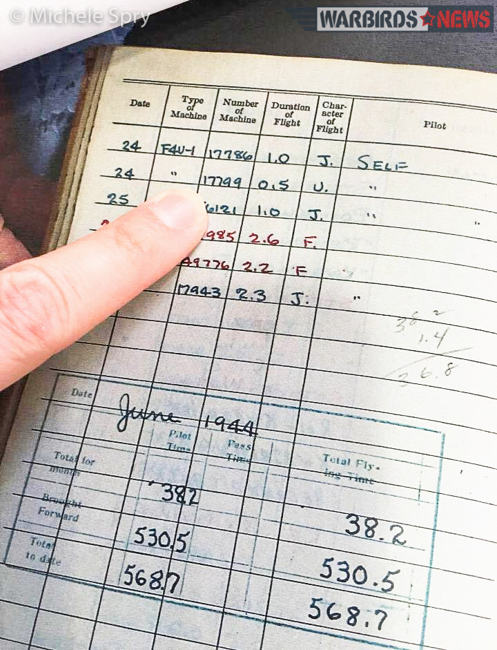 Planes of Fame Air Museum's F4U-1A Corsair Is a Combat Veteran! 15 Ferrill Purdy's logbook showing his first brief flight in 17799 on June 24th, 1944 from VMF-441's base on Roi-Namur an island in the Kwajalein atoll. (photo Michele Spry via Chris Fahey)