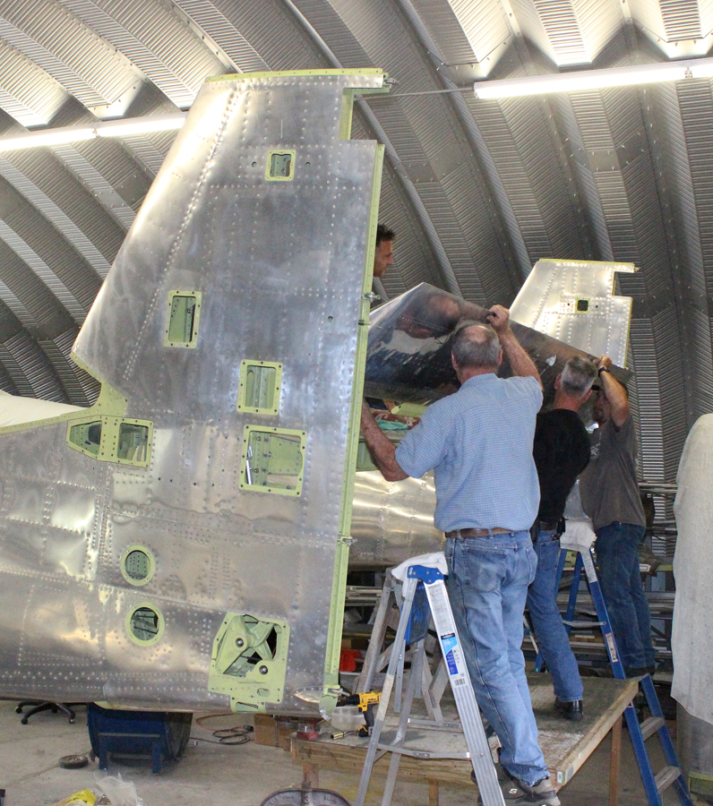 XP-82 Twin Mustang - May, 2015 - Restoration Update 15 Installing the elevator. (photo via Tom Reilly)