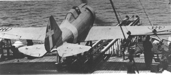 Reggiane Re.2000 "Falco" Recovered From Italian Waters 12 The RE2000 CAT MM 8281 aboard of the RN Miraglia during tests which took place in the Sea of Taranto in Spring 1942. Note the fully glass canopy, typical of interceptors,. ( Image credit (Timo Savolainen collection)