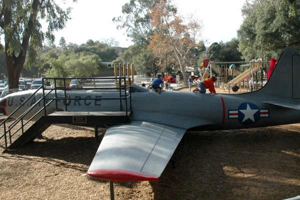 The T-33A "Shooting Star" Of Oak Meadow Park In Los Gatos, Ca 10 The Lockheed T33-A Shooting Star jet trainer plane at the Oak Meadow Park playground. It was built in 1954 and has been on loan to Los Gatos from the Air Force since 1974.