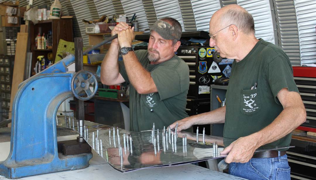 XP-82 Twin Mustang - June 2016 - Restoration Update 11 Randall & Paul press-dimpling the cowling side skins for the Dzus fasteners. (photo via Tom Reilly)