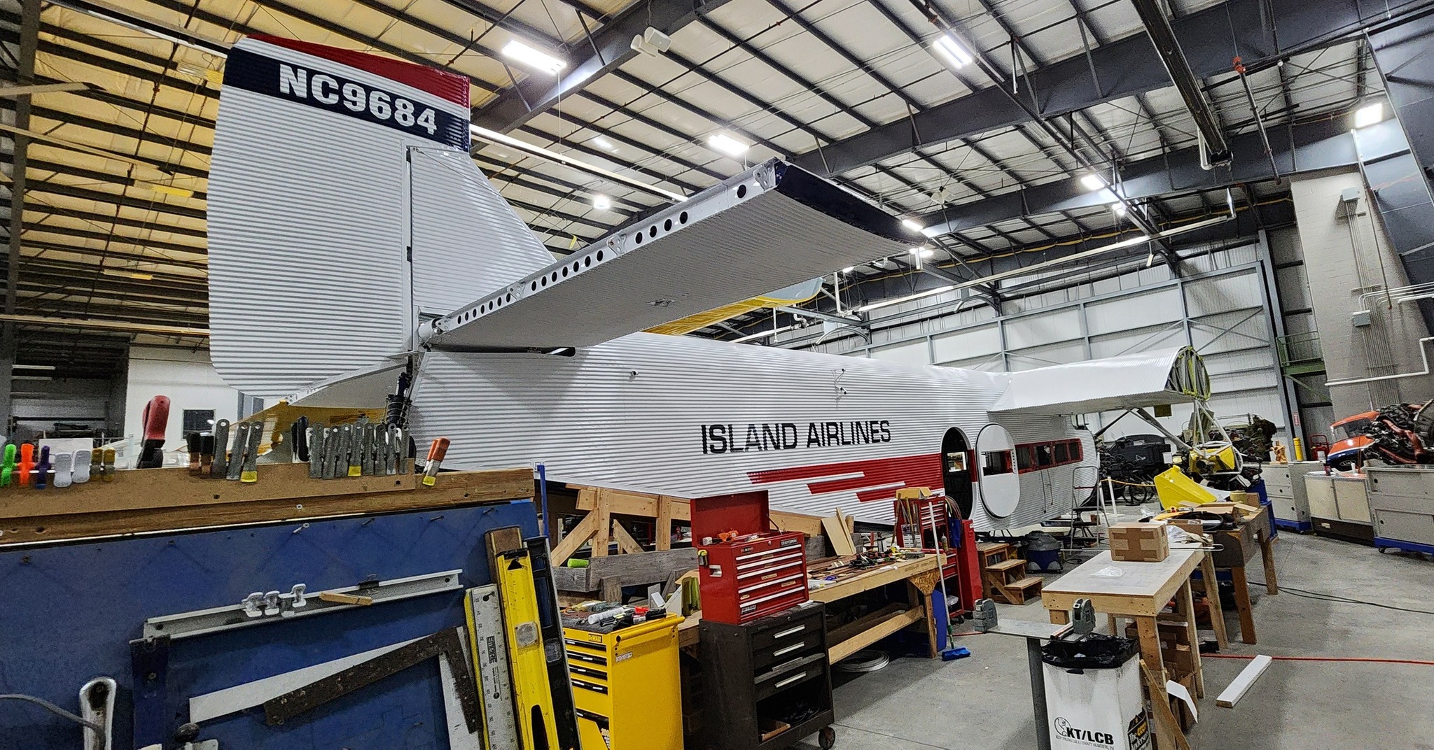 Ford Trimotor Under Restoration at The Liberty Aviation Museum 10 Rear 3 4 view of NC9684 nearing completion August 2024 THF s Port Clinton Ford Tri Motor Restoration
