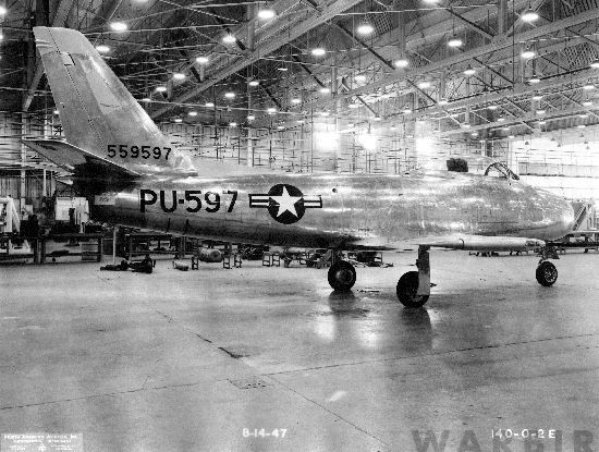 Today In Aviation History - First Flight of The F-86 Sabre 10 Recently completed the first prototype XP 86 45 59597 waits inside the North American Aviation plant at Inglewood California 14 August 1947