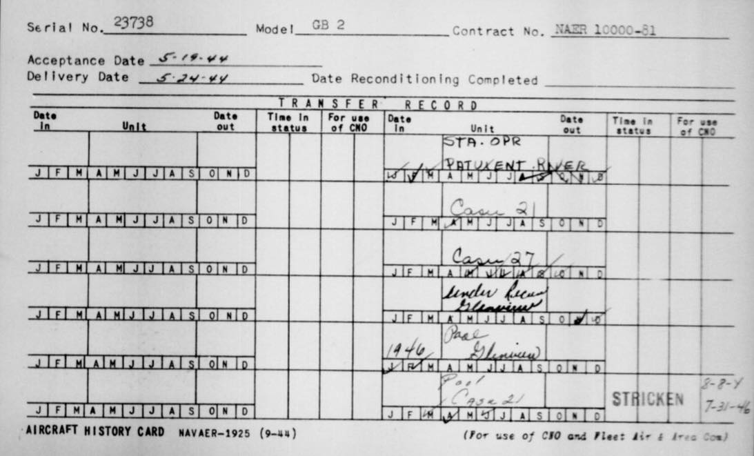 Planes of Fame Air Museum Receives A Beechcraft Staggerwing 14 Record card for Beech GB 2 BuNo 23738 National Naval Aviation Museum