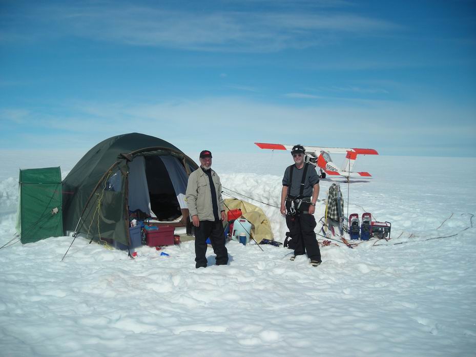 Arctic P-38 Lightning Recovery Set for this Summer! 12 McBride's team camped out in 2011 on the Arctic glacier where the Lightnings are located. The Wilga support plane is in the background. (photo via Ken McBide)