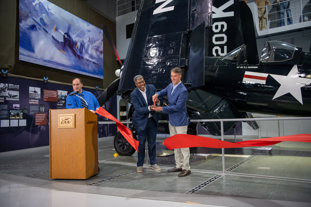 New EAA Museum Exhibit Honors First Black Naval Aviator 13 Ribbon cutting Henry Knight Hudner 20220423