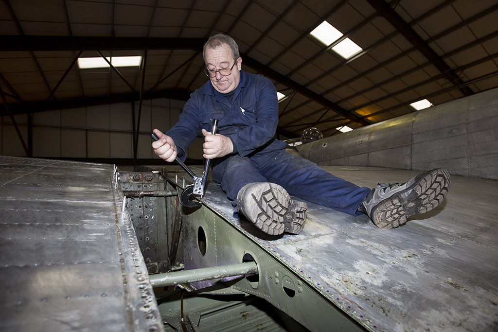 Lancaster “Just Jane” Nearing Flight 14 Riveting anchor nut strip at the wing joint