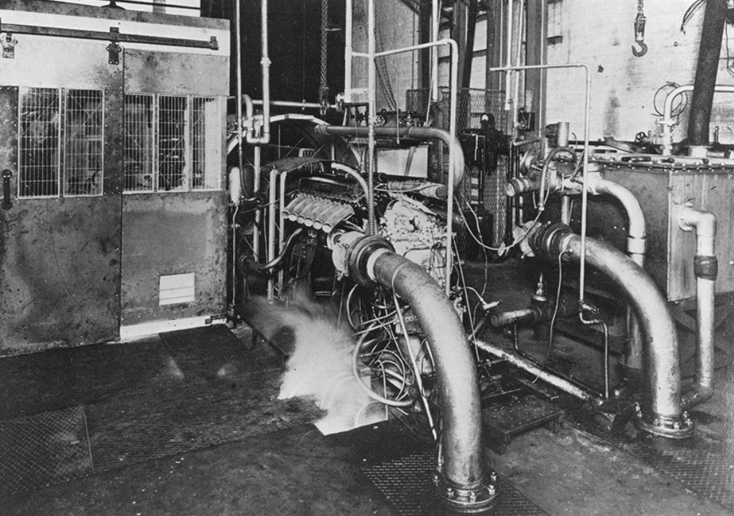The Mustang and the Merlin 15 Rolls Royce Merlin engine on test in testbed at Nightingale Road Main works Derby