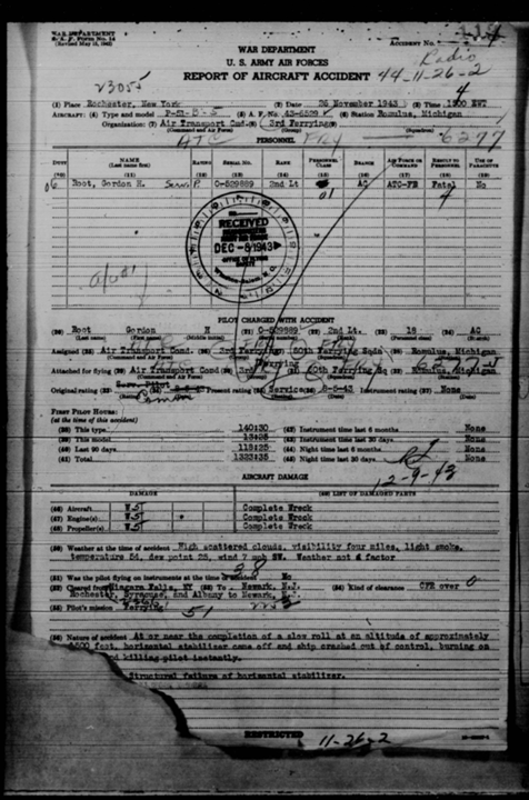 Gordon H. Root, a Mustang Pilot Not To Be Forgotten: Honoring a Rochester, NY P-51 Mustang Pilot Lost Too Soon 13 Root Accident Report