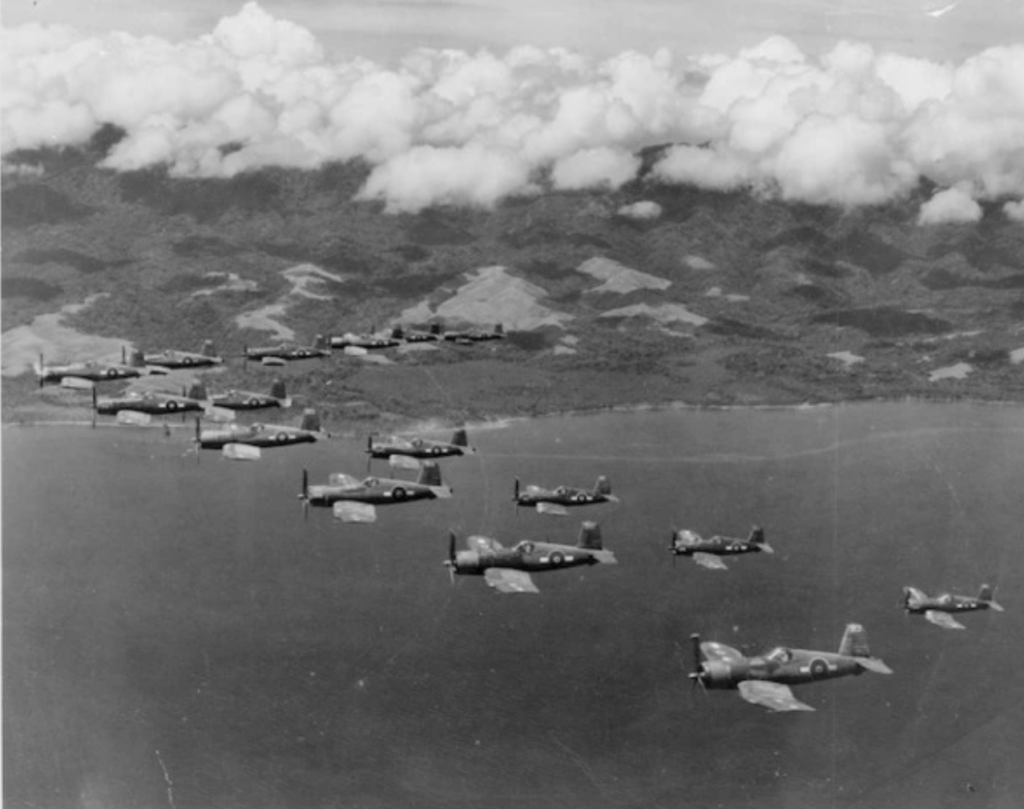 RNZAF FG-1D Corsair Flies Again 11 Royal New Zealand Air Force Corsair fighter planes flying over Guadalcanal Solomon Islands