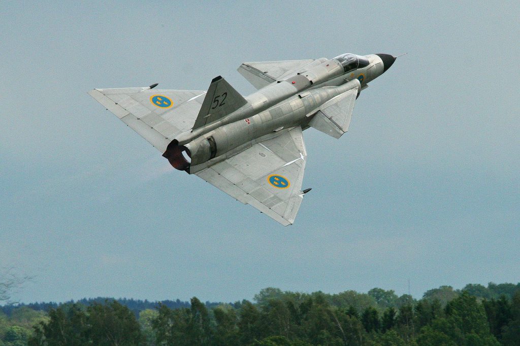 The Swedish Air Force Historic Flight From Within the Cockpit 12 Saab AJS37 Viggen displays its unmistakable profile while taking off for its solo performance. (Image Credit: Alan Wilson CC 2.0)