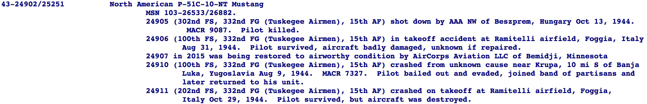 Texas Flying Legends P-51C Restoration Report 13 A screen shot from Joe Baugher's website showing details of the Mustangs immediately around 43-24907 on the production line. Joe's website is a must for all militarily aviation enthusiasts, as it gives details, where known, of just about every airframe to ever serve the US military.