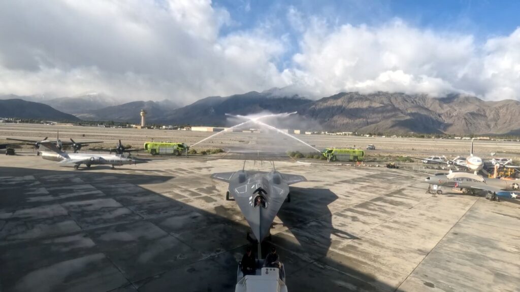 Top Gun: Maverick's Darkstar Arrives at Palm Springs Air Museum 10 The SR-72 Darkstar is welcomed to the museum with a water salute from two fire trucks (Credit: Palm Springs Air Museum)
