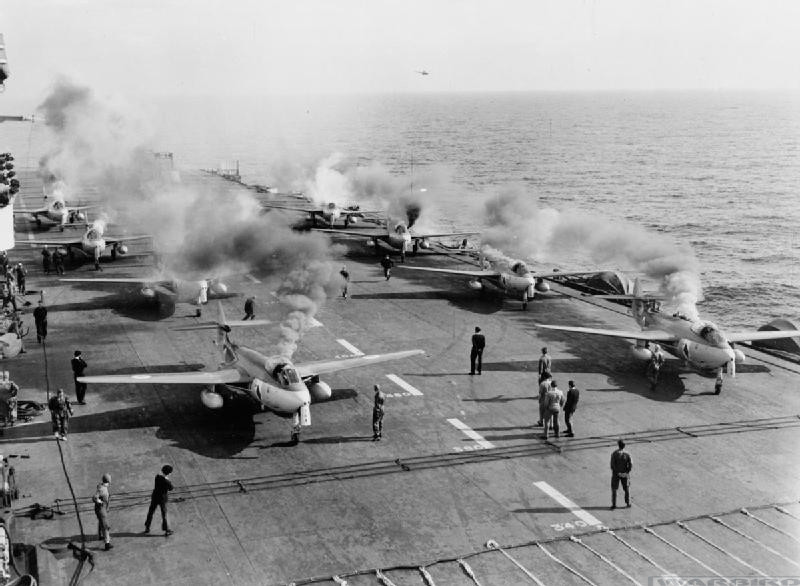 Hawker Sea Hawk WV908 Arrives at Yeovilton for Restoration to Flight 12 Sea Hawks 806 NAS firing starter cartrdges on HMS Eagle R05