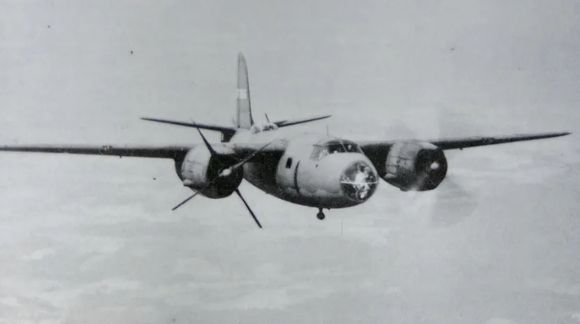 The B-26 Marauder: From Widow-Maker to Master of Medium Bombing 17 Single engine operation demonstration in an early short wing model. The dihedral of the tail plane is very apparent USAAF