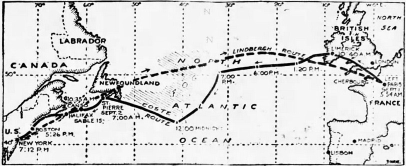 Today in Aviation History: First Nonstop Flight from Europe to the United States 11 Solid black line shows the course that Costes and Bellonte took from Paris. The broken line is the famous Lindbergh route