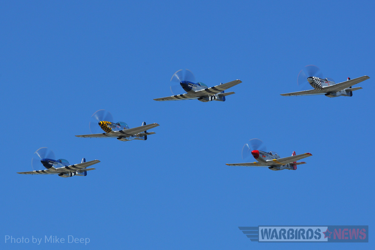 Sun 'n Fun 2017, The Report 12 Five Mustangs fly in formation during Thursday’s Warbird demonstration. From left to right: ‘Crazy Horse²,’ ‘The Little Witch,’ ‘Crazy Horse,’ ‘Mad Max,’ and ‘Bum Steer.’