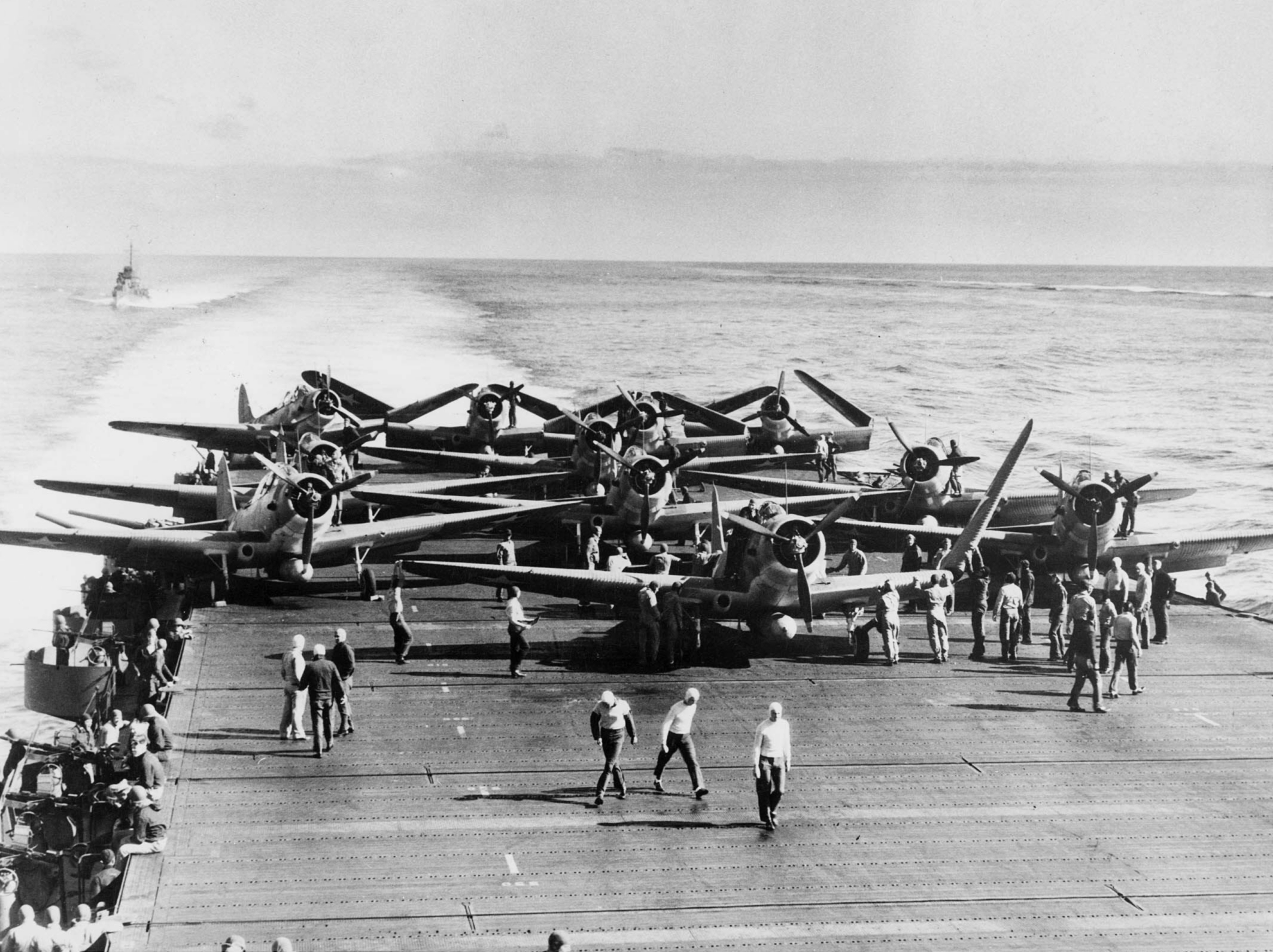 Naval District Washington Honors Battle of Midway Anniversary 11 Devastators of VT-6 aboard USS Enterprise being prepared for take off during the battle. ( Photo U.S. Navy - U.S. Navy National Museum of Naval Aviation photo No. 1996.253.999)