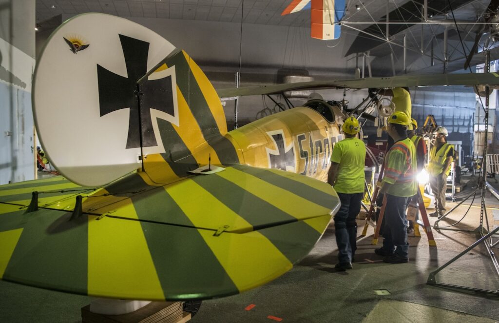 National Air and Space Museum Prepares For Opening of New WWI Gallery 17 The Albatros D.Va is dismantled after being lowered in the closed Legend Memory and Great War in the Air Gallery June 5 2019. Smithsonian photo by Jim Preston