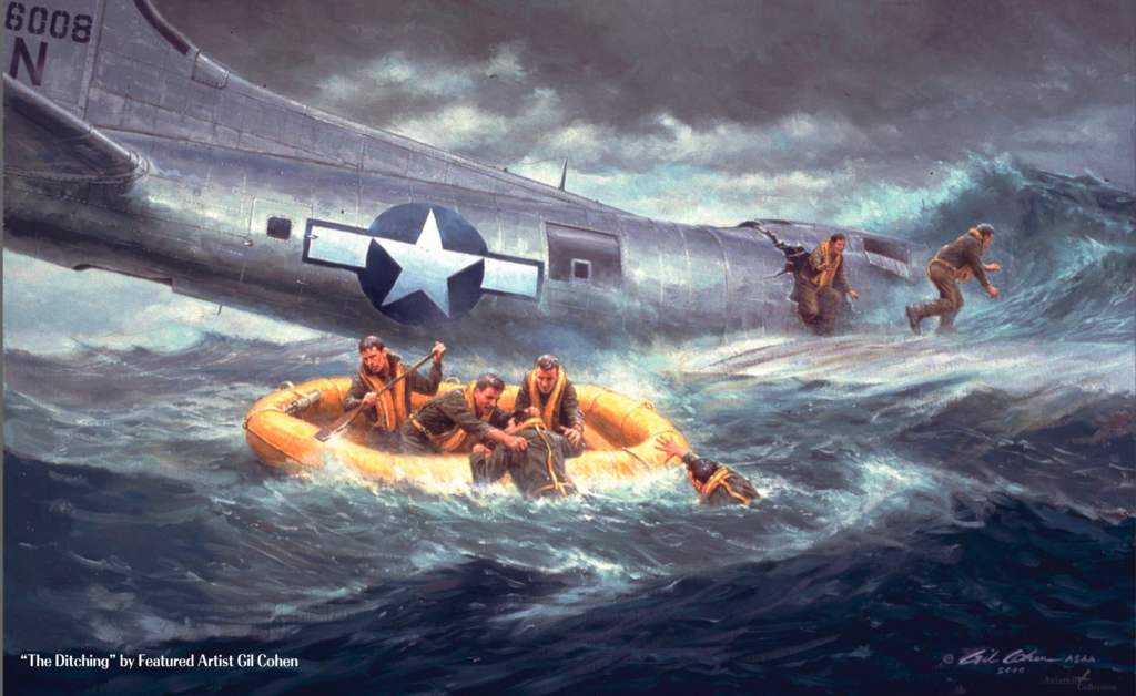 The Art of Aviation: A Docuseries to Follow 10 "The Ditching"- This painting by Gil Cohen shows a downed Boeing B-17 Flying Fortress as its crew escapes into the water.